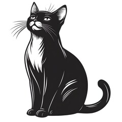 Obraz premium A majestic black and white cat sits gracefully looking upward in a classic vintage illustration style.