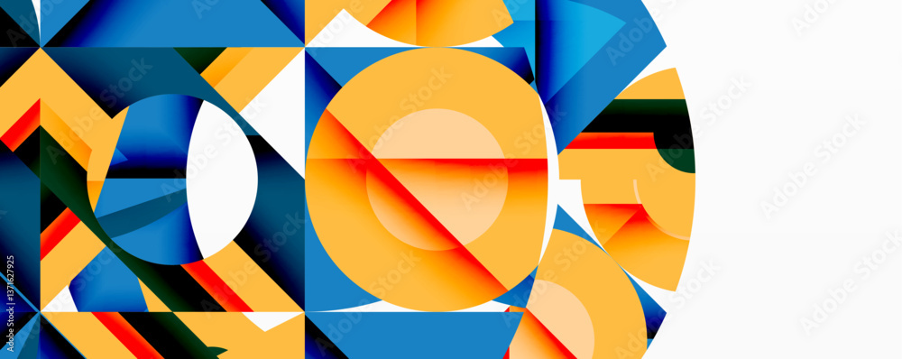 Poster Circles, semi circles, squares and round triangles. Geometric mosaic style pattern abstract background for wallpaper, banner, backdrop, card, book Illustration, landing page