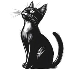 Obraz premium A black cat sits majestically looking upward with a curious expression in a detailed illustration style perfect for design projects.