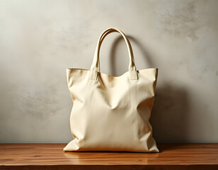 A beige canvas tote bag with a minimalistic design, placed on a wooden surface against a neutral-toned textured wall.  Generative ai