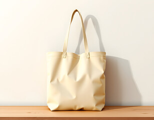A beige canvas tote bag with a minimalistic design, placed on a wooden surface against a neutral-toned textured wall.  Generative ai