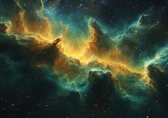 Fototapeta premium Cosmic Nebula with Green and Yellow Clouds in Starry Night Sky