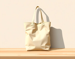 A beige canvas tote bag with a minimalistic design, placed on a wooden surface against a neutral-toned textured wall.  Generative ai