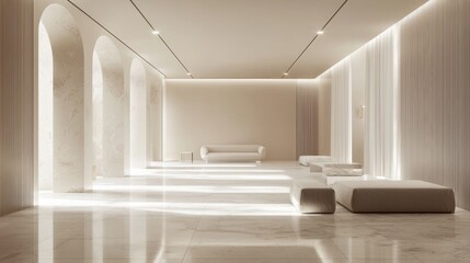Modern, minimalist interior space with a focus on clean lines and a stark, white color palette. A presentation backdrop with beautiful diffused lighting and intricate architecture.