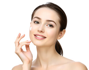 A beautiful young woman with clear, glowing skin applying a small amount of white cream to her cheek. 
 Generative ai