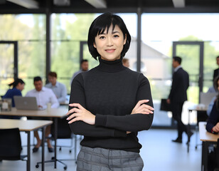 A confident Asian woman with short black hair and bangs, wearing a dark gray turtleneck sweater and gray trousers. Generative ai
