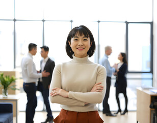A confident Asian woman with short black hair and bangs, wearing a dark gray turtleneck sweater and gray trousers. Generative ai