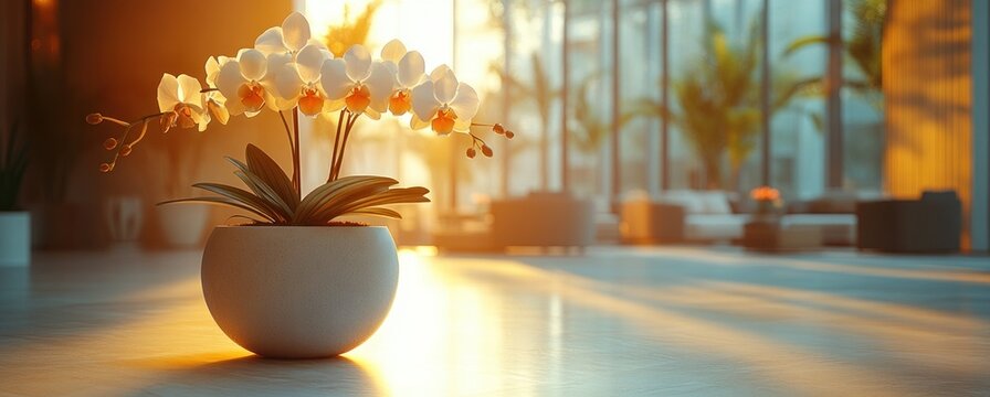 Modern concierge desk with staff team providing hotel services to happy guests in stylish lobby