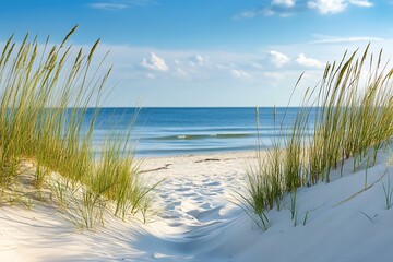 A restful seaside vista with soft sand ridges and tall grass fostering tranquility and natural splendor by the edge  
