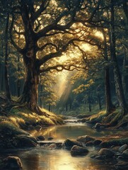 Obraz premium Serene Woodland Stream in Springtime