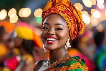 Fototapeta premium Radiant woman in traditional African attire smiles brightly at a lively cultural celebration. Beauty and joy.