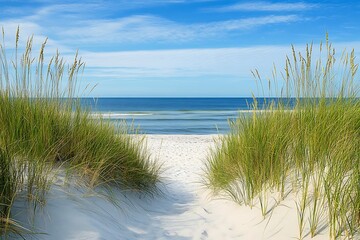 A tranquil beach view with gentle sand hills and high grass radiating calm and scenic charm near the shore  
