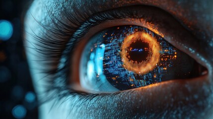 Futuristic Human Eye with Biometric Recognition Technology and Cyberpunk Interface during Identification Process