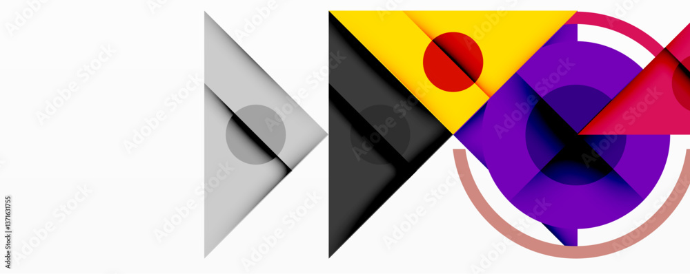 Poster Abstract geometric composition with overlapping triangles, circles, and gradients, featuring a central circular design with text