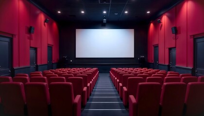 Empty cinema hall with red seats and a blank screen in a modern movie theater. 