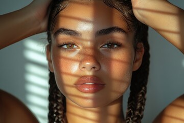 Young African Woman Wearing Face Mask Adjusting Braided Hair in Bright Light Portrait