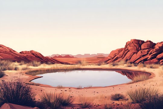 A restful desert landscape showcasing a round pond nestled in red rocks and sparse foliage below a soft pastel sky  
