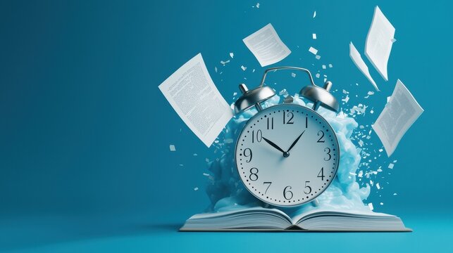 Time Exploding with Knowledge: An alarm clock atop a book bursts with paper, a visual metaphor.