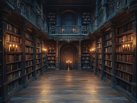 Mystical ancient library with wooden bookshelves filled with old books illuminated by warm candlelight in medieval fantasy art style