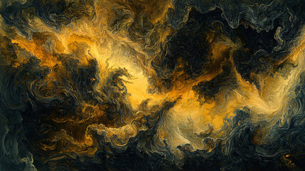 Intense yellow and black fire flames dancing wildly in the darkness creating a striking contrast and evocative atmosphere of power.