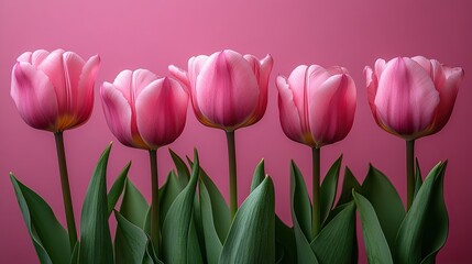 Fototapeta premium Seven pink tulips line a pink background, elegant for Valentine's or spring.