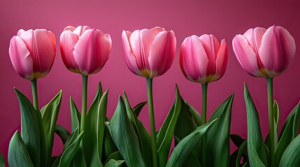 Fototapeta premium Seven pink tulips line a pink background, elegant for Valentine's or spring.