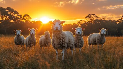 Fototapeta premium Seven sheep graze in a golden meadow at sunset, a serene pastoral scene.