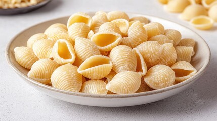 A plate of uncooked pasta shells, showcasing their unique shape and texture, perfect for various culinary dishes.
