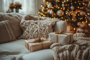 Cozy Christmas living room with wrapped gifts glowing tree and festive decor