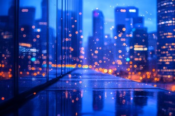 Obraz premium Blurred view of modern city buildings with reflections at night