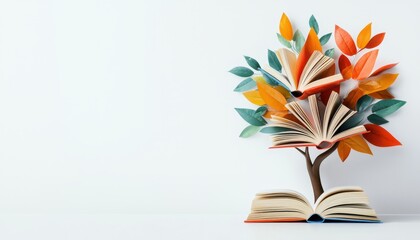 A knowledge tree sprouts from books, symbolizing growth, learning, and the enriching power of education.