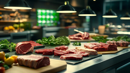 Fototapeta premium Culinary preparation event gourmet kitchen food display modern environment close-up view meat selection showcase