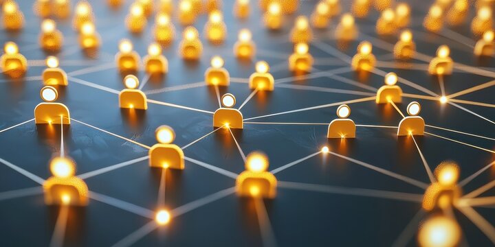 A digital representation of interconnected people, symbolizing networking and collaboration through glowing icons and connecting lines.