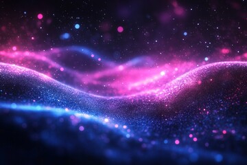 Fototapeta premium Digital glowing waves in space with pink and blue light particles and fluid energy