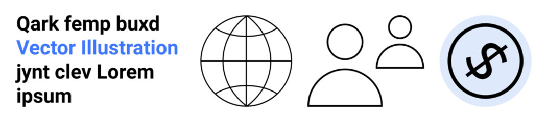 Globe symbolizing global connectivity, two user icons for collaboration, and a dollar icon for financial transactions. Ideal for business, communication, networking, finance, global economy