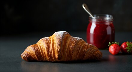 Freshly baked croissant with jar of strawberry jam and fresh strawberries on dark background