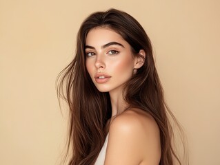 Fototapeta premium A beautiful woman with long brown hair is posing, showing her shiny and smooth hairstyle against a light beige background for hair care concept.