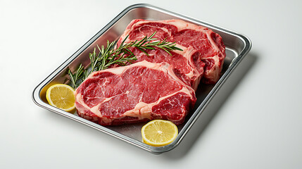 Cooking ribeye steaks with lemon and rosemary kitchen food photography bright environment close-up culinary art