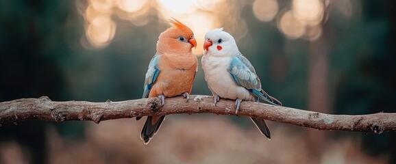 Two colorful birds perched on a branch, bathed in soft sunlight.  Their beaks nearly touch, suggesting intimacy