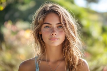 Fototapeta premium Portrait of young woman with long hair in natural sunlight