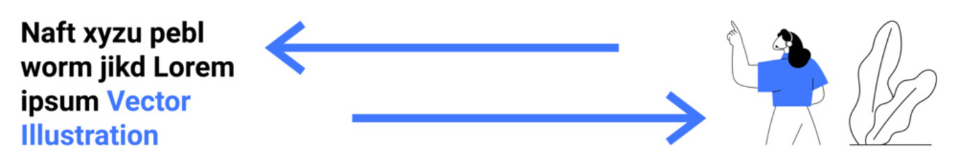 Woman gestures towards text accompanied by arrows suggesting direction, interaction, and flow. Ideal for presentation, user guide, communication, learning, process, instruction simple landing page