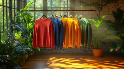 Six colorful long-sleeved shirts hang on a clothing rack in a minimalist sunlit room, a vibrant display of fashion and style.