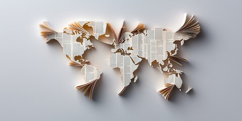 World map made from book pages, representing global knowledge, travel, and the power of reading and learning.