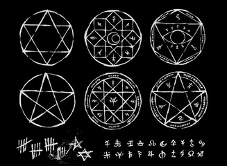 Hand drawn Witchcraft magic circle collection. - Pentagram, Ritual circle, Emblems and sigil occult symbols. - Bloody style for horror game art. - Halloween concept.