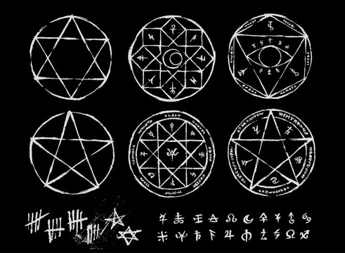 Hand drawn Witchcraft magic circle collection. - Pentagram, Ritual circle, Emblems and sigil occult symbols. - Bloody style for horror game art. - Halloween concept.