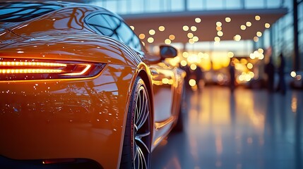 Sleek modern car headlight illuminates the foreground, highlighting design, while blurred customers explore the dealership at sunset.