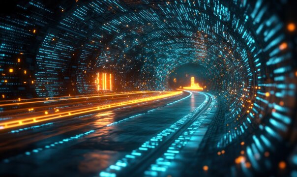 3D Digital Highway Path with Glowing Binary Streams in Cyberpunk Style for Big Data Processing and AI