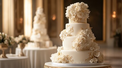 Magnificent Five-Tiered Wedding Cake Adorned with Exquisite White Flowers and Gold Accents