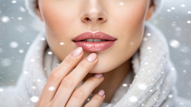 Close-up of a woman&rsquo;s lips and fingers, wearing a cozy scarf, surrounded by falling snowflakes in a serene winter setting.