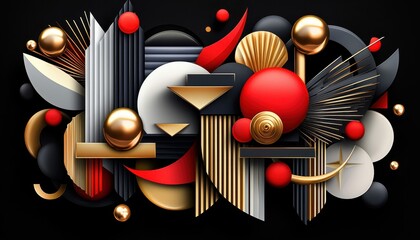 Abstract arrangement of shapes and colors in dynamic composition. Modern, geometric, decorative art piece.